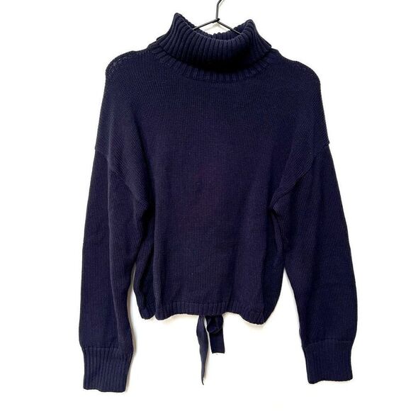 525 America Open Back Lace Up Turtleneck Chunky Knit Sweater Navy Blue S NWT - Picture 2 of 10